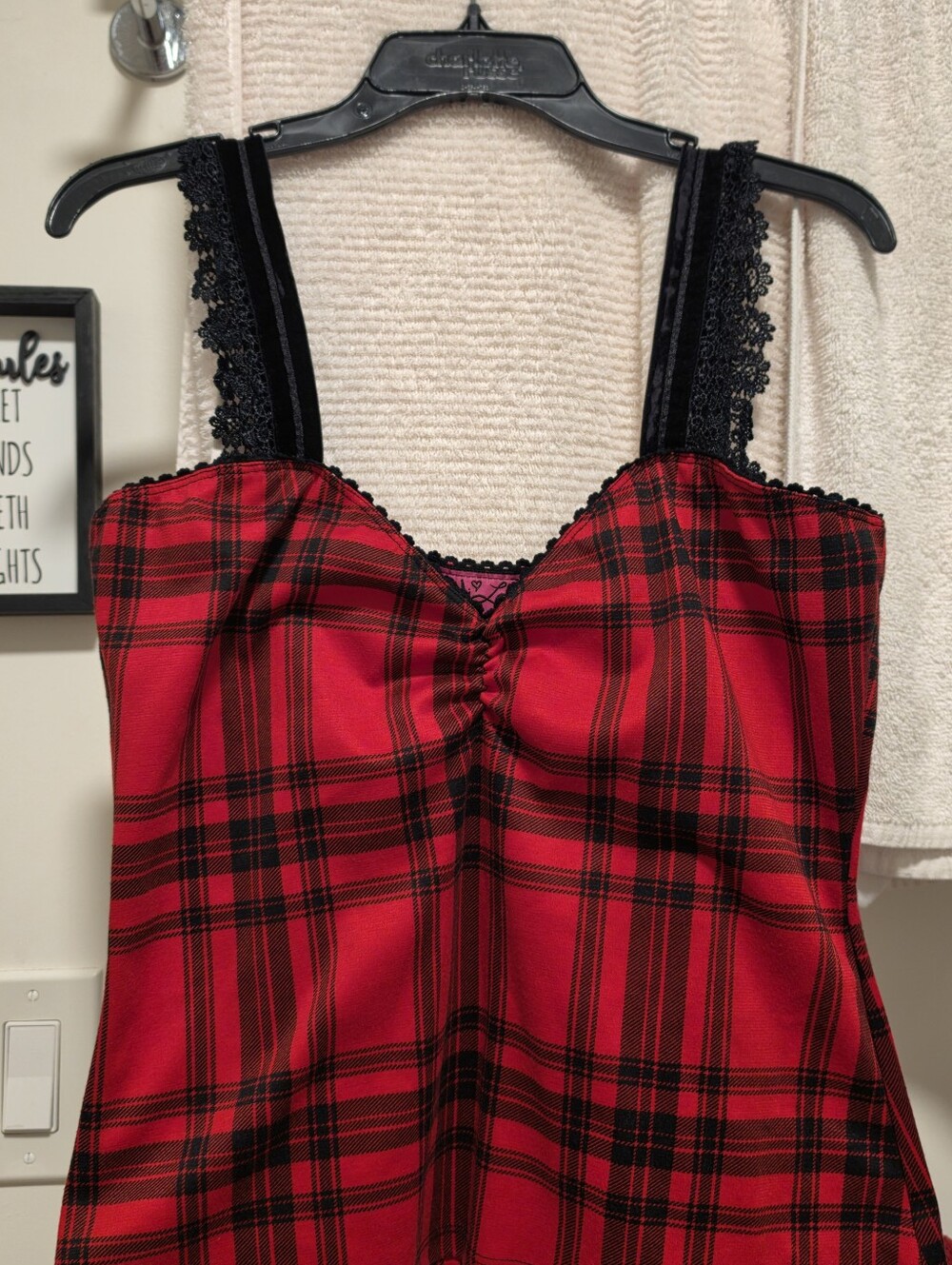 Red and Black Plaid Tank Top with Lace Straps